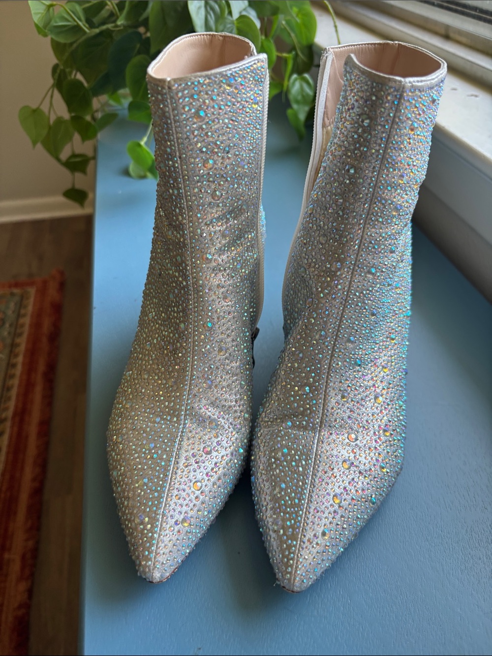 Sparkling Silver Crystal Embellished Ankle Boots